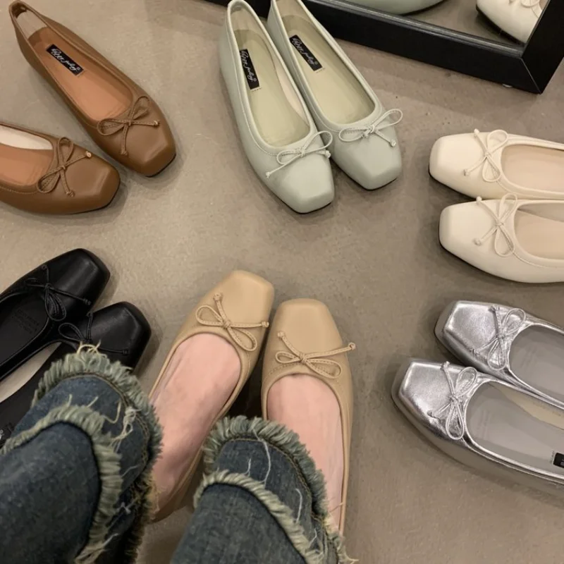 

2023 Spring Bowtie Ballet Shoes Fashion Square Toe Shallow Slip On Women Flat Shoes Ladies Casual Outdoor Ballerina Shoe