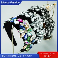 Silanda Fashion Women's Black Velvet Hair Band New Baroque Wide-brim Glossy Rhinestone Inlaid Floral Headband for Party Gifts