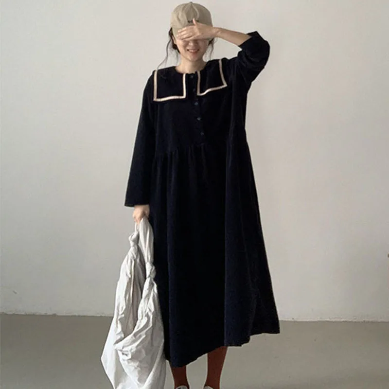 Женское вельветовое платье Kimotimo корейское шикарное осеннее с матросским