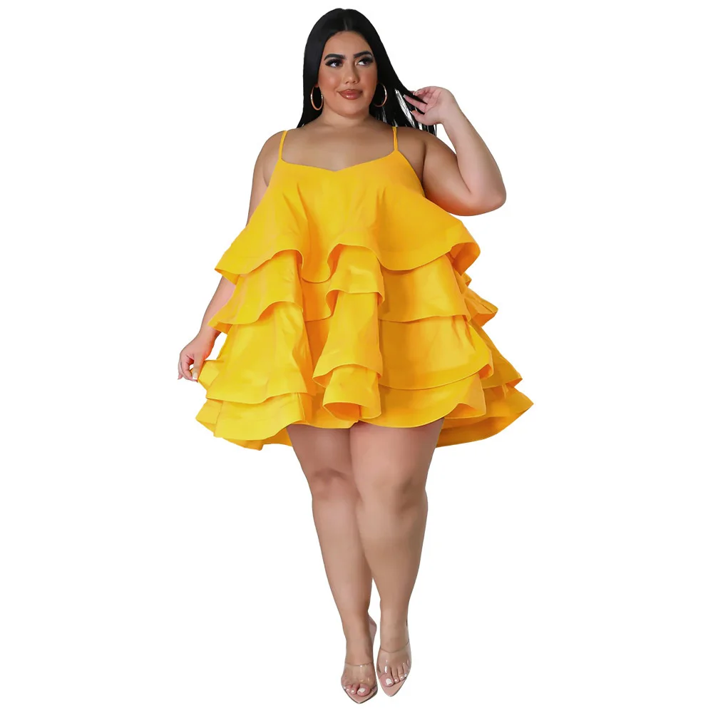 Fashion Plus Size Women Dresses Sexy Sleeveless Ruffle Adjustment Straps Solid Color Dress Large Size Female Elegant Dresses