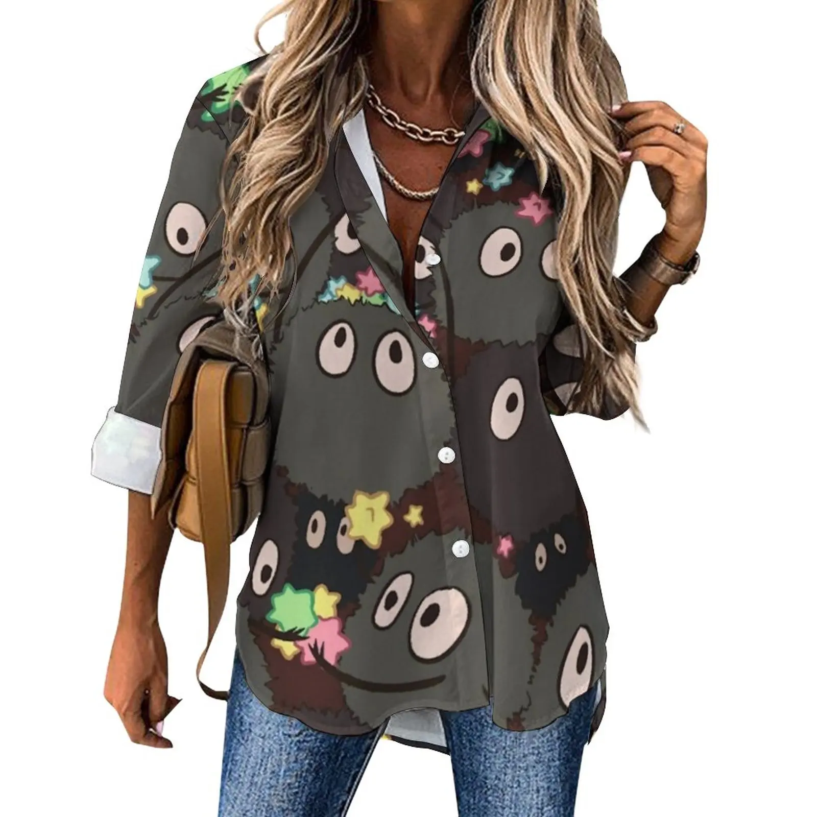 

Блузка женская свободного покроя с длинным рукавом, с принтом