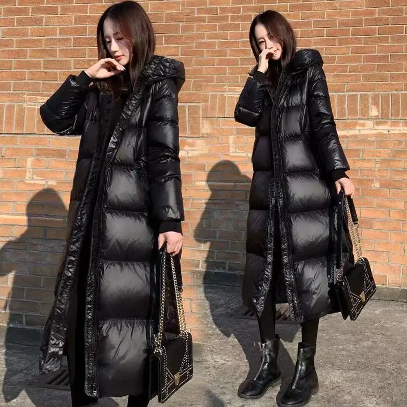 2022 New Glossy Black Down Cotton-padded Jacket Long Knee-thick Korean Loose Cotton-padded Jacket Coat Cotton-padded Women enlarge