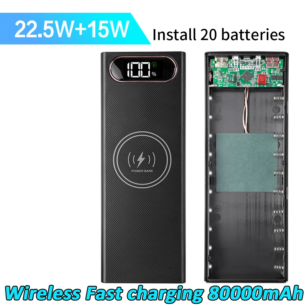 

Wireless Fast charging power bank 22.5W Storage box DIY Case Battery Charge For iPhone Xiaomi Huawei 80000mAh Without Battery