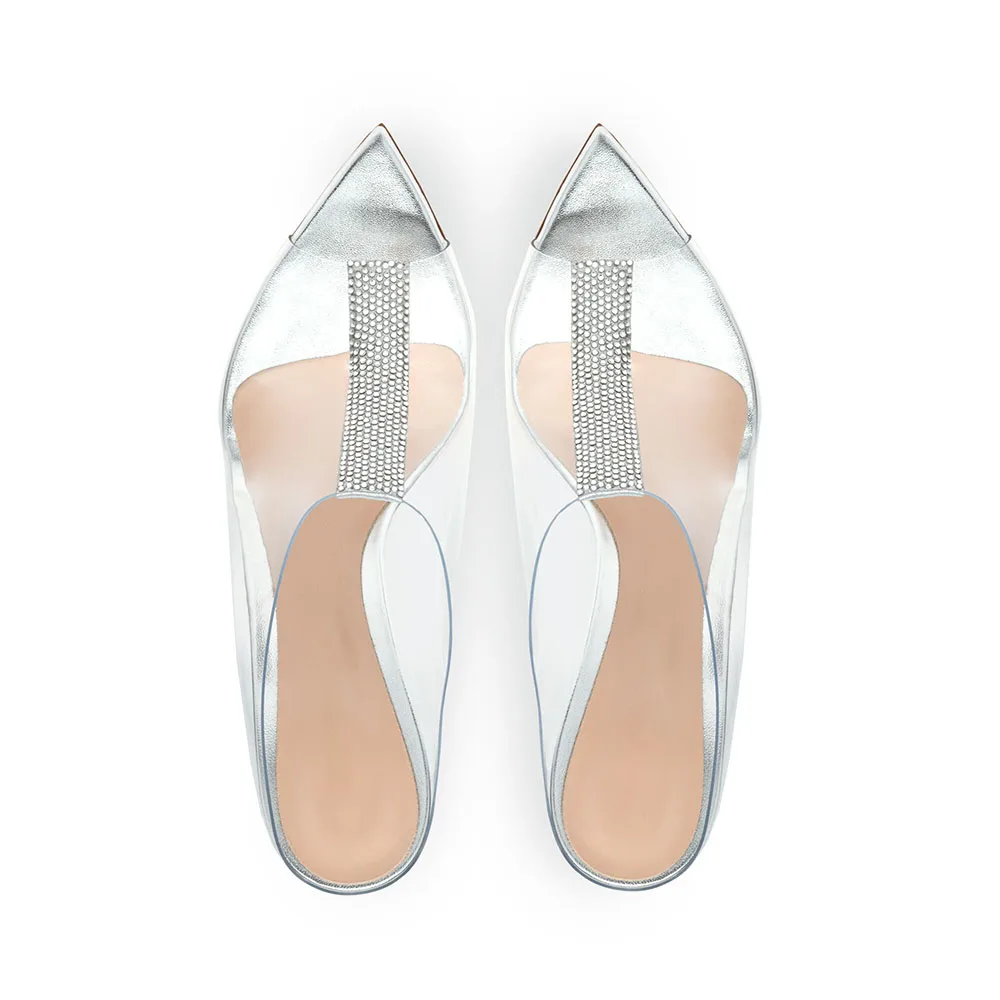 2023 Women's Pointed Toe Rhinestone Mules Sandals Stilettos Party High Heels Evening Shoes Ladies Silver Crystal PVC Slippers