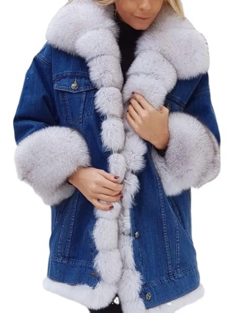 WYWMY Winter Full Sleeve Warm Thick Womens Denim Jacket Female Parka Coat Single-Breasted Ladies Fur Denim Long Sleeve Jacket