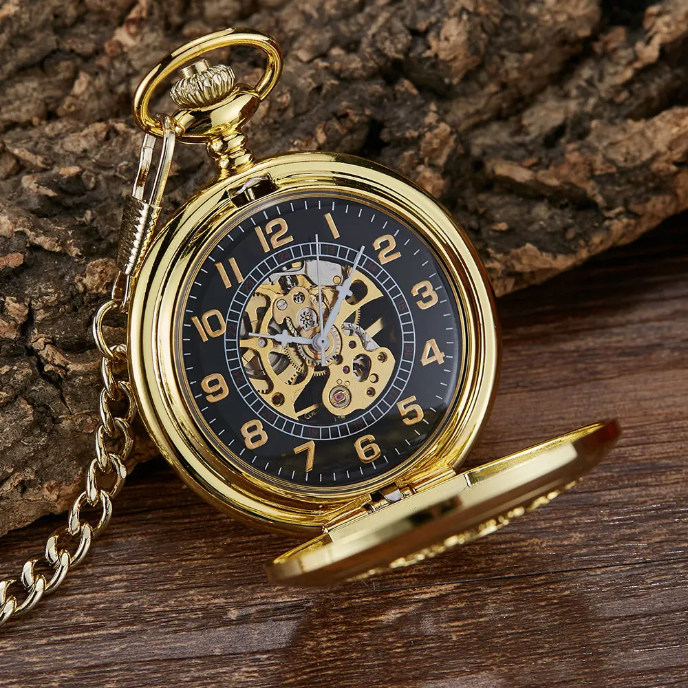 Black Hollow Flowers Smooth Mechanical Pocket Watch Men Skeleton Steampuk Hand Wind Pendant Clock Chain With Arabic Numerals