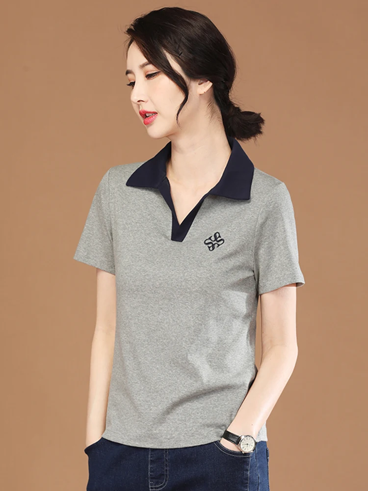 

HCXR Women T-shirt 2023 Summer Polo Neck Embroidered Female Top Contrast Color Short Sleeve Versatile T-shirt