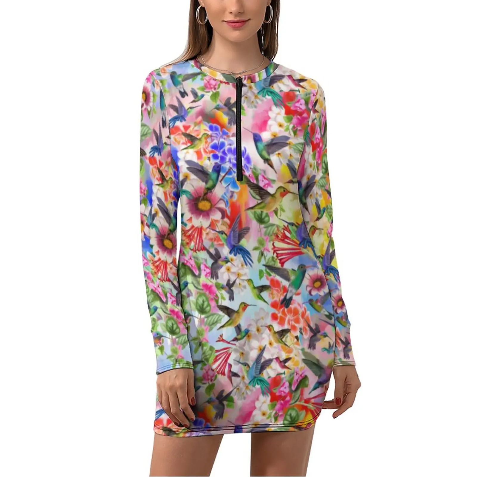 

Colorful Birds Dress Long Sleeve Hummingbirds and Flowers Elegant Dresses Autumn Women Aesthetic Graphic Bodycon Dress Plus Size