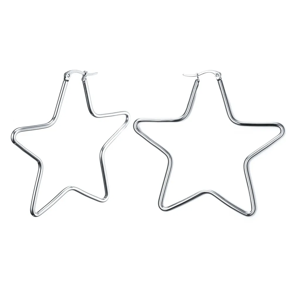 

Chic Large Star Hoop Earrings for Women Statement Gift Jewelry,Silver Color Not Fade Stainless Steel Metal
