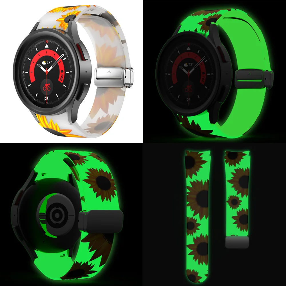 Magnetic Straps for Galaxy Watch 5 Pro 45mm/Galaxy Watch 4 5 44mm 40mm Silicone Strap Carbon Fiber Texture Print Luminous Band