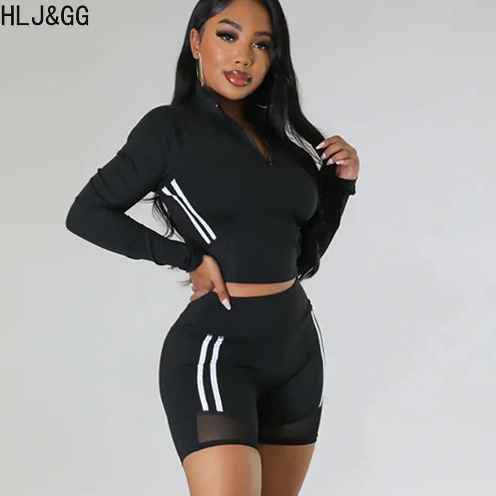 

HLJ&GG Casual Stripe Patchwork Sporty Two Piece Sets Women Zipper Long Sleeve Top + Biker Shorts Tracksuits Female 2pcs Outfits