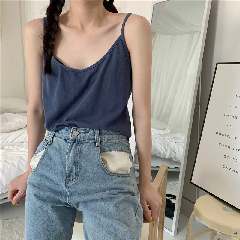 

Корейский топ без рукавов на бретелях-спагетти, женские милые повседневные тонкие летние топы, карамельные цвета, хлопковые облегающие фут...