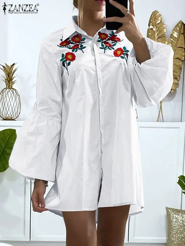 

2022 осеннее мини-платье с вышивкой, женское шикарное платье-рубашка ZANZEA, элегантные платья с пышными рукавами, повседневные праздничные белы...