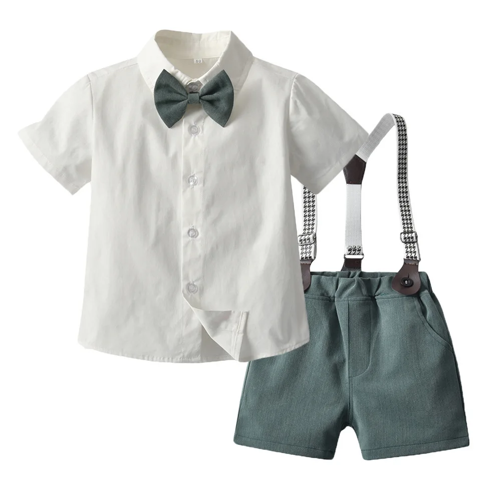 Boys Clothing Summer Cotton Infant Newborn Baby Outfits Romper 2pcs Short Sleeve Shirt +Suspenders Gentleman Suit Boys Sets