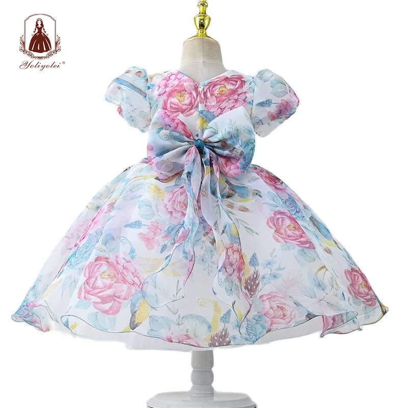 

Yoliyolei Silk Gowns For Girls V Back Cute Bow Flower Clothes Mid Calf Puffy Sleeves Holidays Party Summer Girl Kid Dress