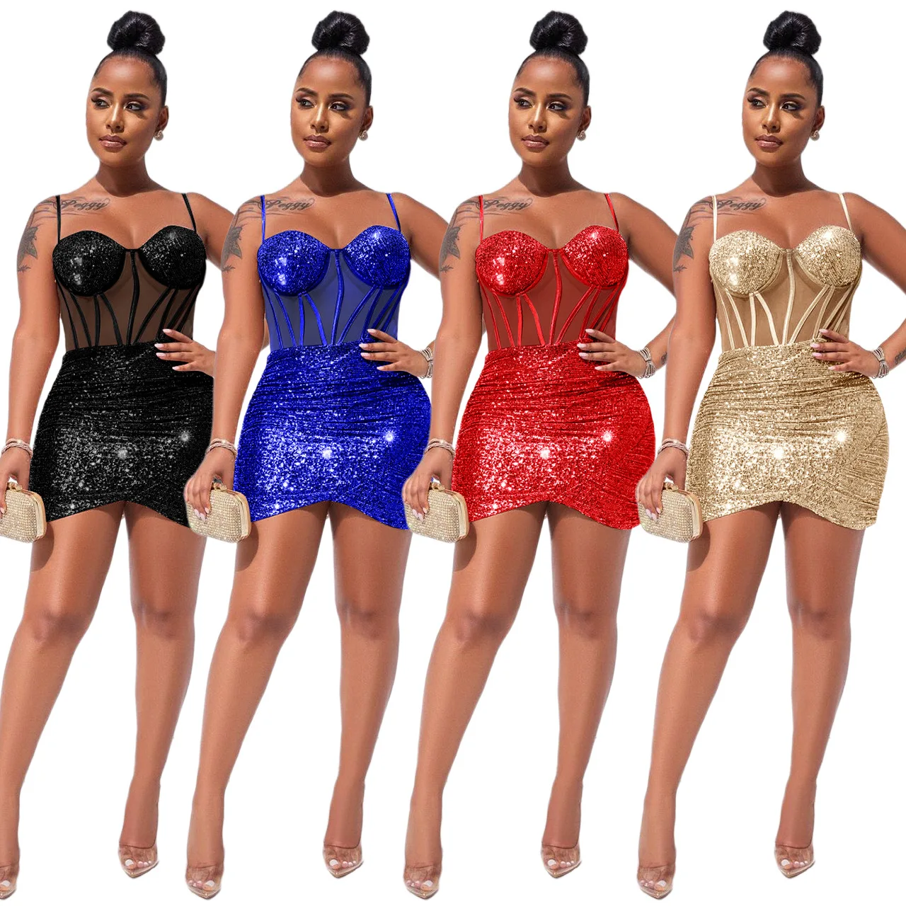 

Woman Sleeveless dress Solid Color sequins Mesh Patchwork Backless Bodycon Mini dress S-2XL