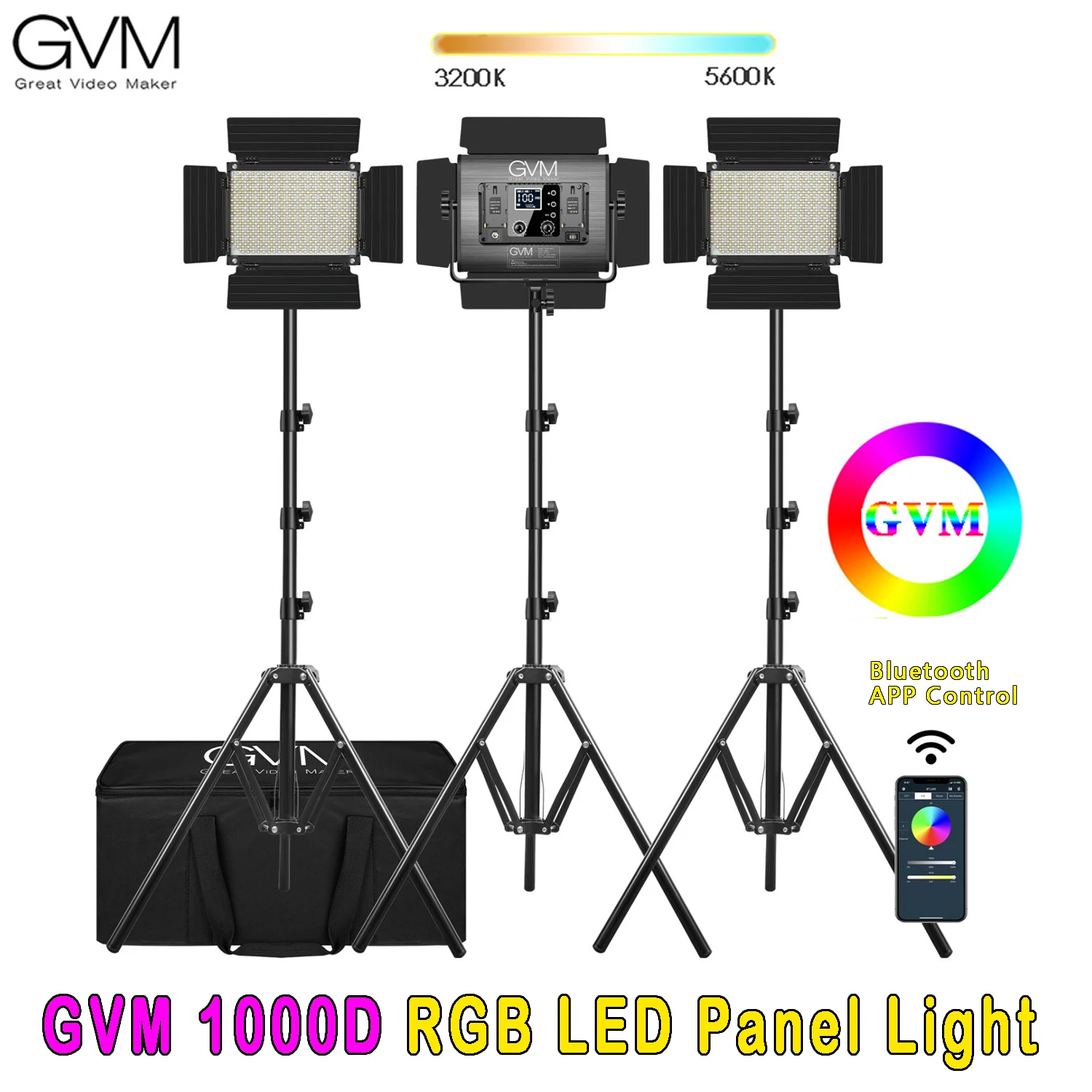 

Комплект из 3 светильник ных приборов GVM 1000D, двухцветный и RGB-осветительный прибор для видеосъемки, комплект оссветильник ных панелей для фо...