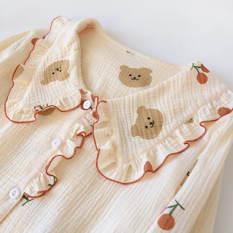 Big doll Collar Pajamas Set Women Korean Version Soft Cotton Crepe Long Sleeves fungus Four Seasons Thin Two Piece Home Clothes