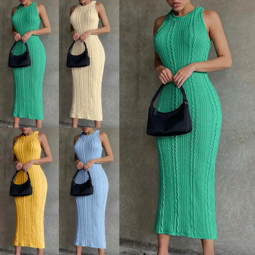 

Slim Dress O Neck Casual Ribbed Skin-friendly Long Dress Sheath Dress for Dating