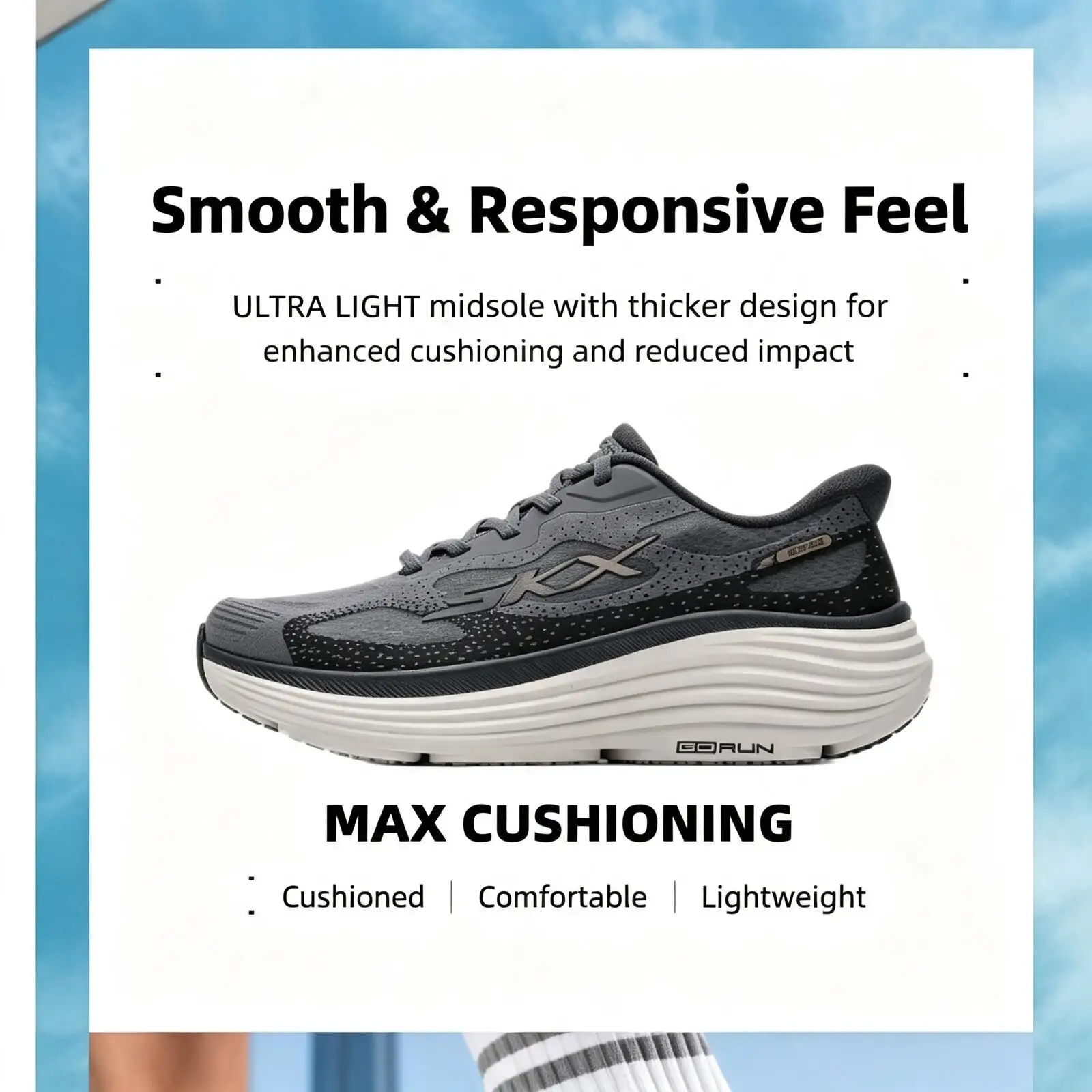 Фото Новые мужские слипоны Skechers Max Cushioning GO RUN, серо-черные, дышащие, ультралегкие, с амортизирующей платформой, спортивная обувь. №4