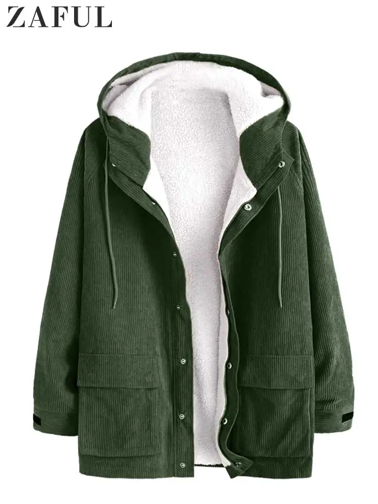 

ZAFUL Jacket for Men Faux Fur Fluffy Corduroy Hooded Coats Solid Raglan Sleeve Jackets Fall Winter Streetwear Warm Outerwear