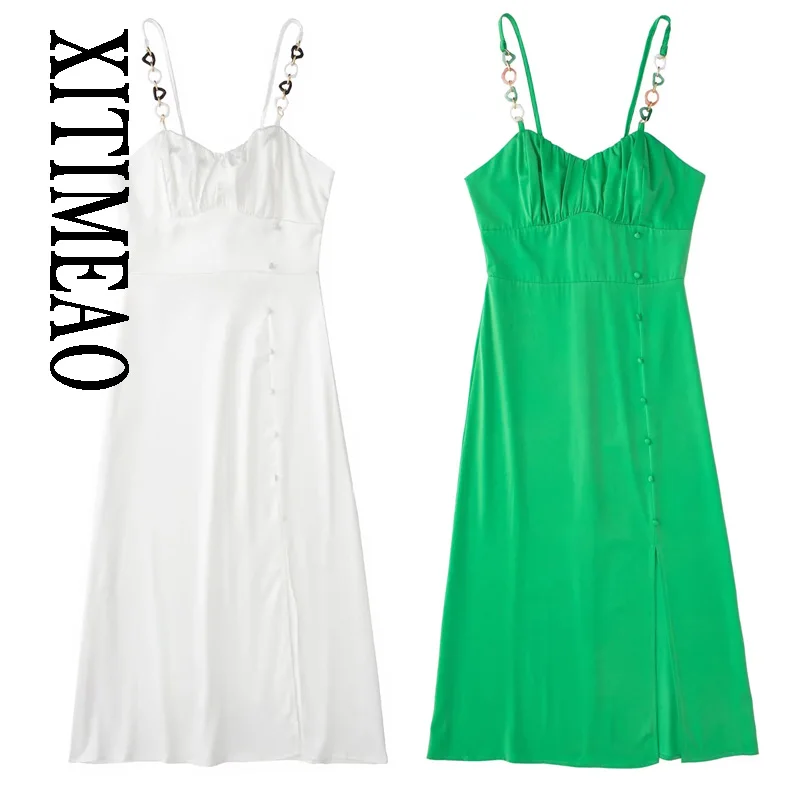 

XITIMEAO Women's Summer New Fashion Casual Chic Chain Embellished Silk Satin Textured Corset Dress Vintage V Neck Sleeveless