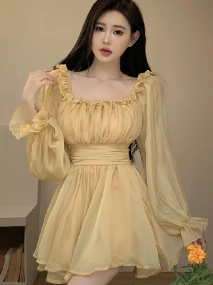 Однотонное короткое платье Y2K с открытыми плечами Сетчатое платье-трапеция