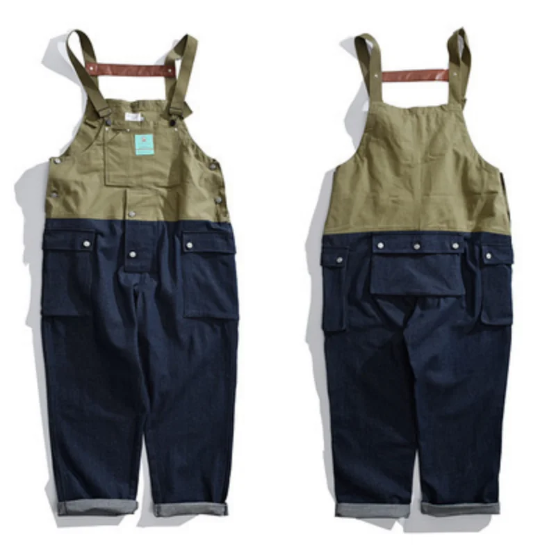 Color Matching Cargo Pants Mens American Suspenders Trend Suspenders Overalls Spring and Autumn Full Length Denim Trousers
