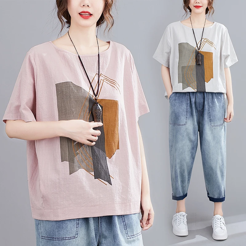 

2022 Summer New Cotton Linen T-shirt Women's Short Sleeve Loose Literary Print Versatile Top