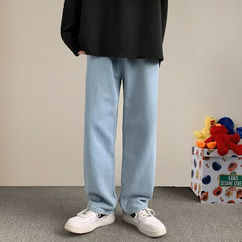 2022New Autumn New Men's Baggy Jeans Fashion Straight Denim Wide-leg Pants Black Light Blue Ins Casual Trousers Streetwear M