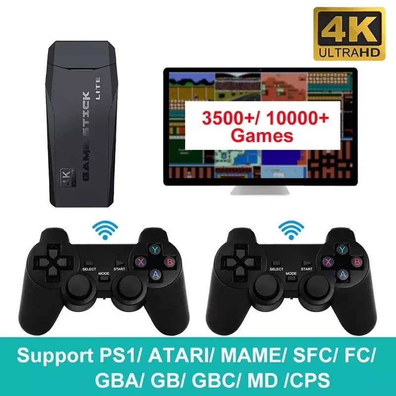 Console Retro Wireless Double Controller 4K HD Video Game Console 2.4G For PS1/FC/GBA 10000 Games Mini Stick 64GB