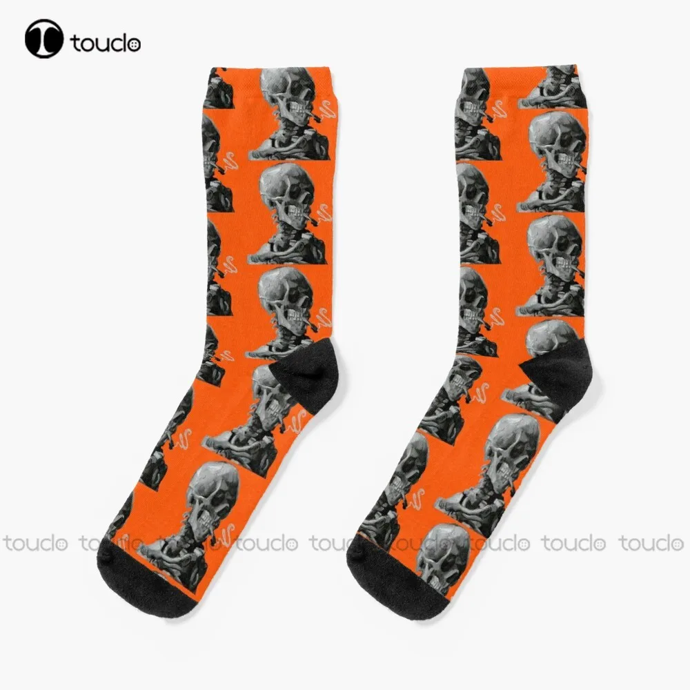 

Halloween Van Gogh Skull Skeleton Black & White Remastered With Blunt Orange Socks Halloween Black Socks For Women Custom Gift