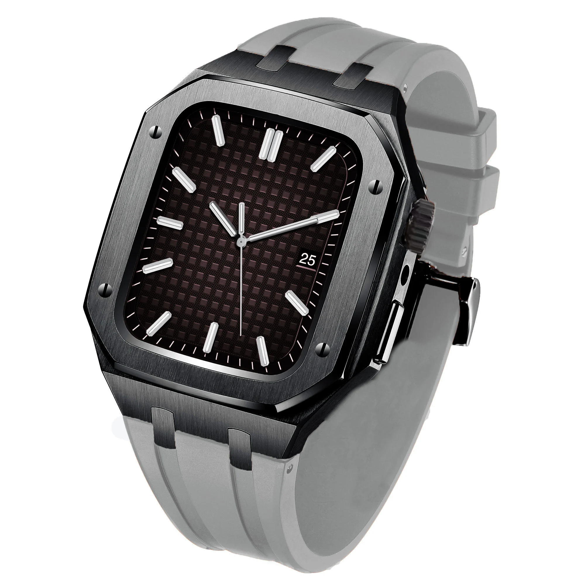 Metal Case for Apple Watch Band 45mm 44mm Rubber & Leather Watchband for IWatch Series 7 6 5 4 3 SE Correa DIY Modification Kit