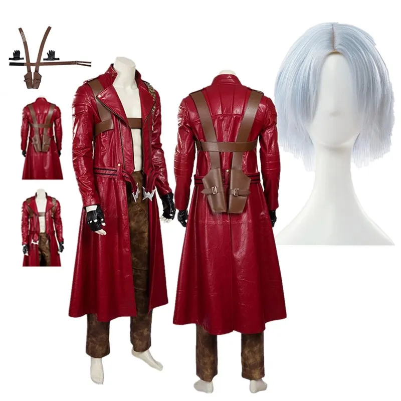 

DMC 5 Dante Cosplay Costume Fantasy Adult Men Long Red Coat Pants Gloves Wig Outfits Halloween Carnival Party Disguise Suit