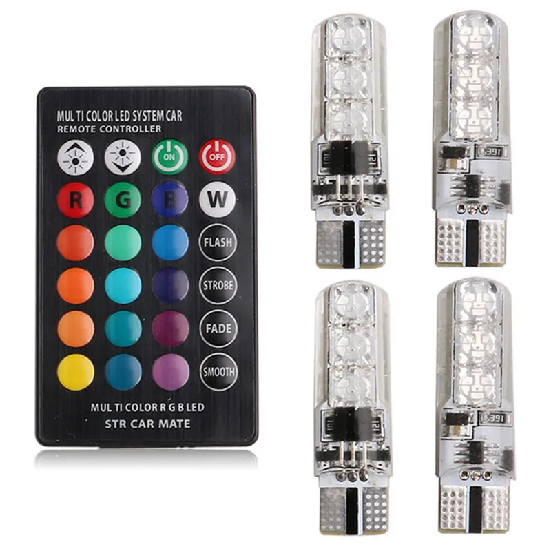 Фото Комплект из 4 светодиодных ламп T10 5050 6SMD для салона автомобиля, водонепроницаемые, с пультом ДУ, RGB, W5W, 194, 168, купольные, силиконовые, клиновидные, боковые, 12В №3