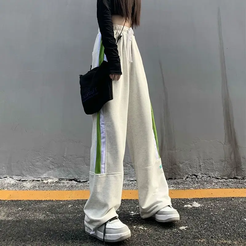 

Cotton Color-block Striped Pants Women's Trendy Brand Ins Harajuku Style Loose Straight Pants Wide-leg Pants
