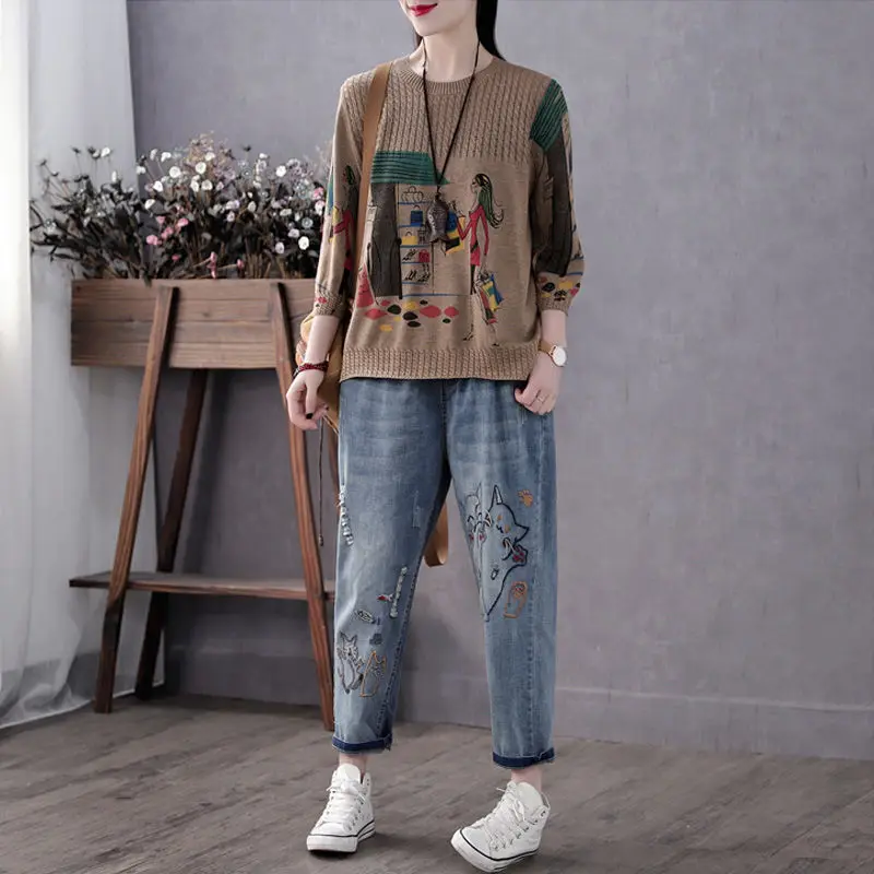 Новинка весна-осень 2023 винтажный женский свободный пуловер в художественном