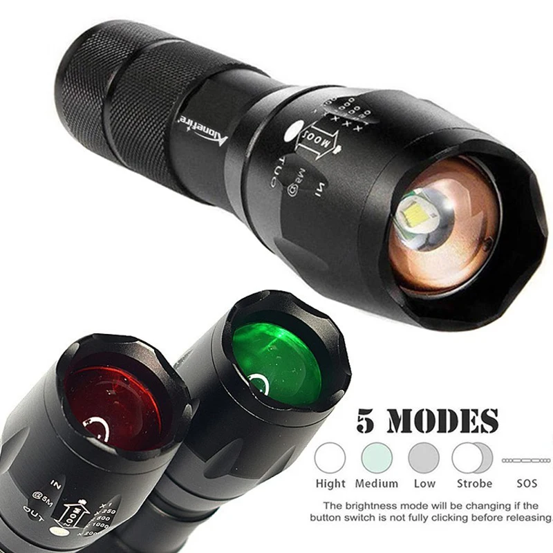 

Tactical Flashlight, 900 Lumens 5 Modes LED Zoom Hunting Torch, Red/Green/White Swap Glass