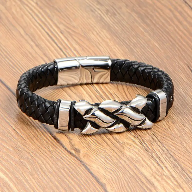 Мужской классический браслет ручной работы черный кожаный с магнитной пряжкой и