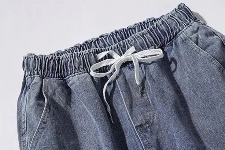 Cashew Pattern Jeans Men's Loose Straight Pants Elastic Waist Drawstring Denim TrousersCashew Pattern Jeans Men's Loose Straight