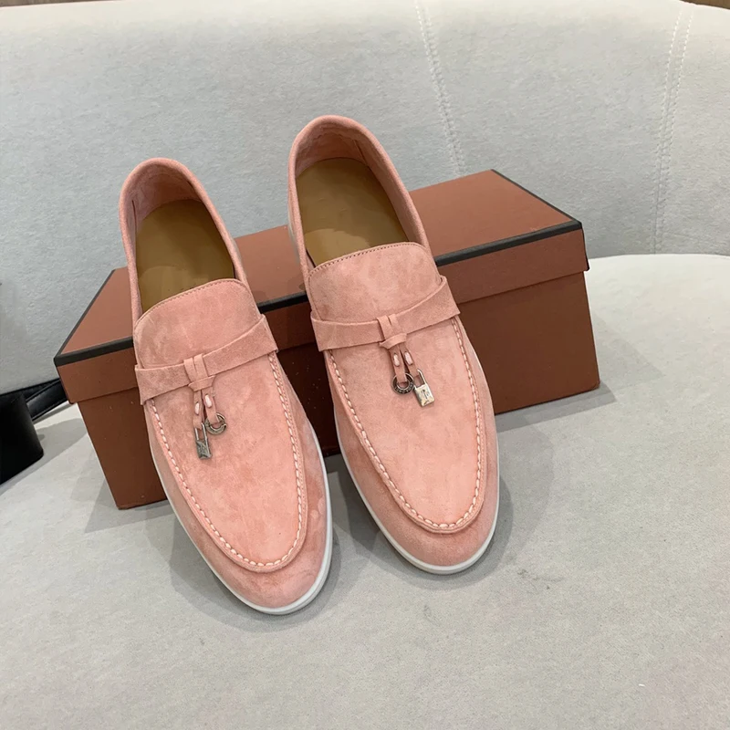 Designer Suede Women loafers 2023 Summer Men Flat Shoes Metal Lock Slip-on Causal Moccasin Comfortable Mules lazy shoes