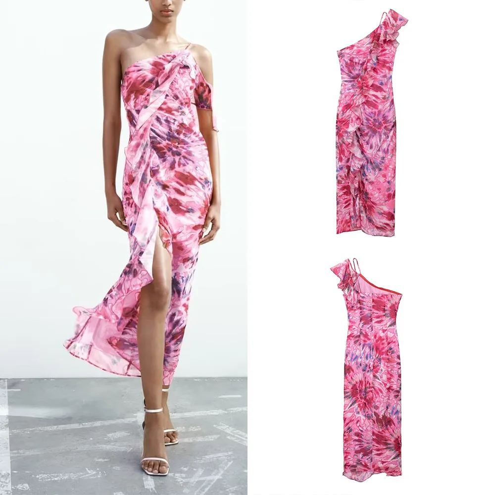 

PB&ZA Summer New Women's Fashion Slant Neck Halter Texture Slim Stacked Decorative Print Dress 7625497