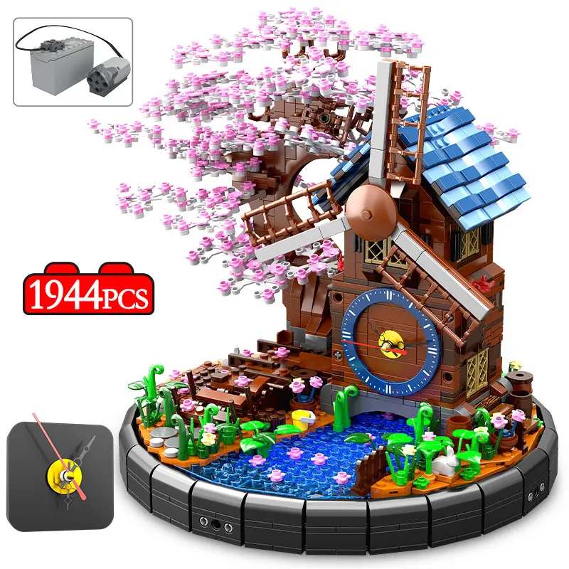 

City Street View Electric Rotating Sakura Windmill Tree House Building Blocks Friends Flower Architecture Bricks Toys For Girls