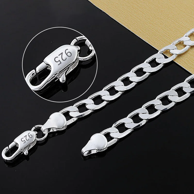 

925 Sterling Silver 16/18/20/22/24 inch 8MM Flat Sideways Figaro Chain Necklace For Woman Man Fashion Wedding Jewelry