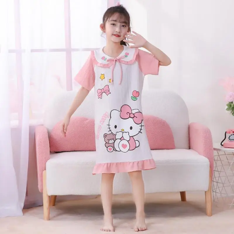 

Пижама Sanrio с коротким рукавом для детей, тонкая мультяшная пижама из чистого хлопка, среднего и большого размера, в складку, Cinnamoroll Kuromi, лето