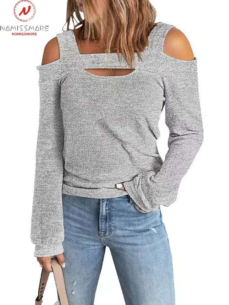 

Модные Женские однотонные футболки с вырезами, Дизайнерские повседневные свободные пуловеры с квадратным воротником и длинным рукавом, то...