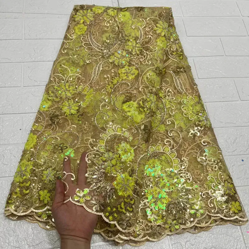 

African Net Lace Fabric High Quality Embroidery French Tulle Lace Fabric With Tube Beads Nigerian Sequin Lace Fabric For Wedding