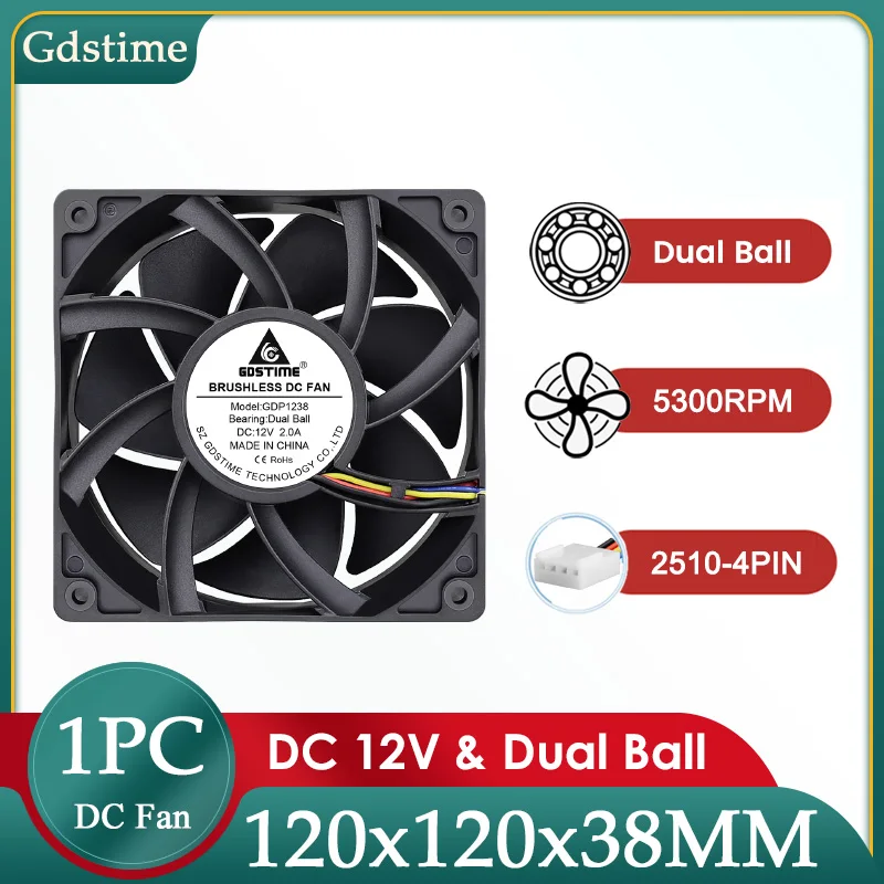 Охлаждающий вентилятор Gdstime 12 В постоянного тока два шара 4 контакта 12038 дюйма для