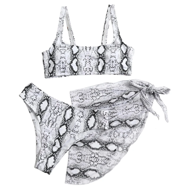 

Sexy 3pcs Swimsuit Set Women Snakeskin Print with Mesh Sarong Cover Up