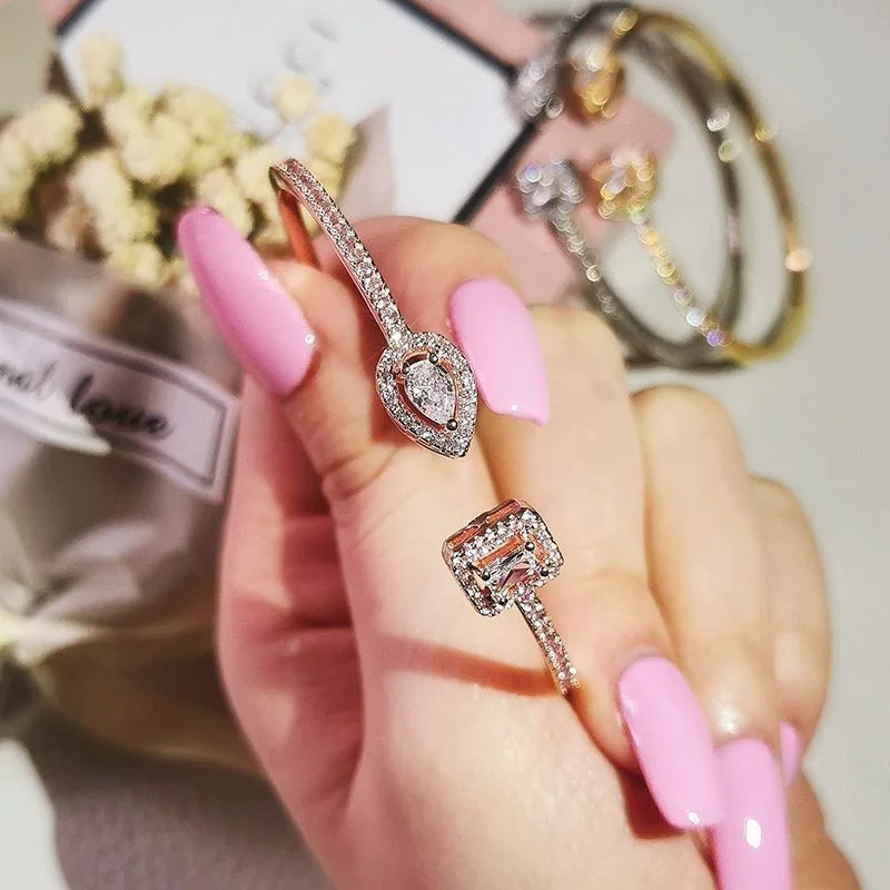 

Uilz 2022 Rose Gold Silver Color on Hand Geometry Round CZ Tennis Bracelet Bangle for Women Wedding Fashion Jewelry Chain Gift
